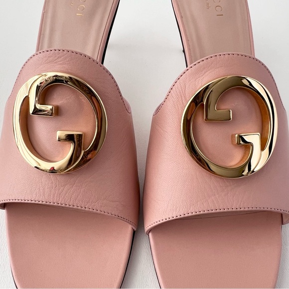 New GUCCI || Pink Blondie Mule Gold GG Interlocking Logo US 8.5 - Picture 4 of 16